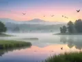 Fåglar flyger över en dimmig sjö i gryningen. Morgonens rosa och blå himmel speglas i vattnet.