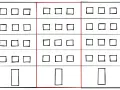 A diagram of a building with three vertical sections, each with four rows of square windows and one rectangular door.