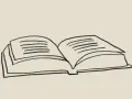 A simple black and white sketch of an open book with lines representing text on the pages.