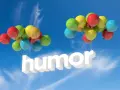 Färgglada ballonger lyfter ordet "humor" mot en blå himmel. En rolig dikt om våren skulle passa perfekt här!