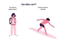 En person med ryggsäck står stilla, medan en surfare rör sig. Bilden illustrerar skillnaden mellan "var" och "vart", och undviker grammatiska fel.