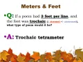 Fråga om en dikt med tre fötter per rad och en **tvåstavig versfot** (trokaisk) skulle vara en trokaisk tetrameter.