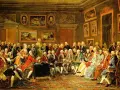 En samling män och kvinnor i 1700-talskläder diskuterar livligt i ett rum fyllt med konst. En scen som fångar andan av upplysningen litteratur och intellektuella samtal.