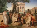 En scen från antiken litteraturhistoria: en man spelar lyra för en grupp människor framför ett tempel.