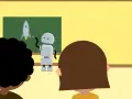 En robot lär barn om raketer på en griffeltavla. En sammanfattning av en lektion.
