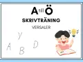 Skrivträning med versal bokstav A, B, D, Y. En glad pojke med en glödlampa över huvudet skriver i en bok.