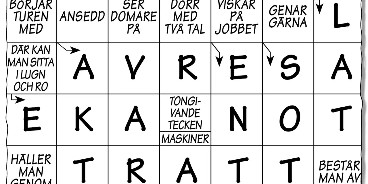 Korsord med bokstäverna A, V, R, E, S, A, N, O, T. En ledtråd är "påvra 4 bokstäver".