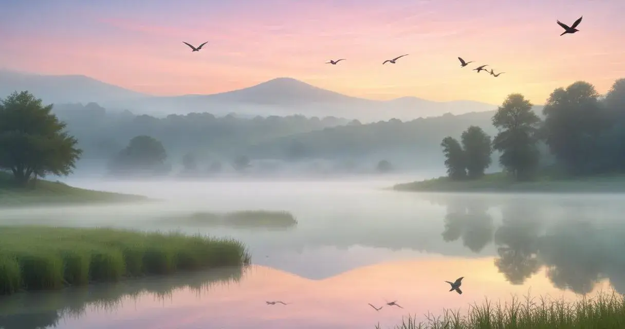 Fåglar flyger över en dimmig sjö i gryningen. Morgonens rosa och blå himmel speglas i vattnet.