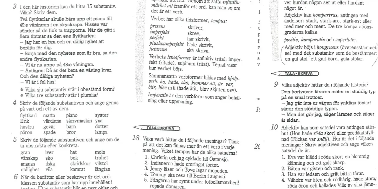 Svenska ordklasser: substantiv, verb och adjektiv förklaras. Exempel på hur de används i meningar ges.