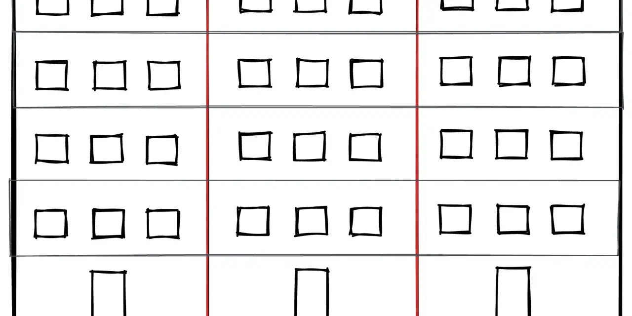A diagram of a building with three vertical sections, each with four rows of square windows and one rectangular door.