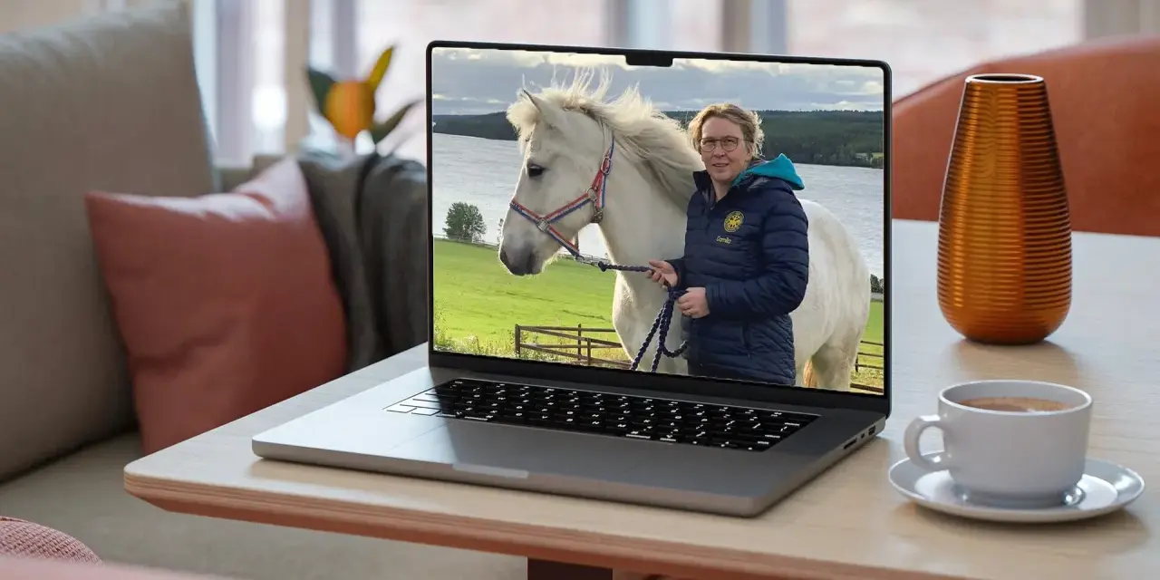 En kvinna med glasögon och en blå jacka håller i en vit häst på en laptop. Bilden visar vad referat betyder: en sammanfattning av en händelse.