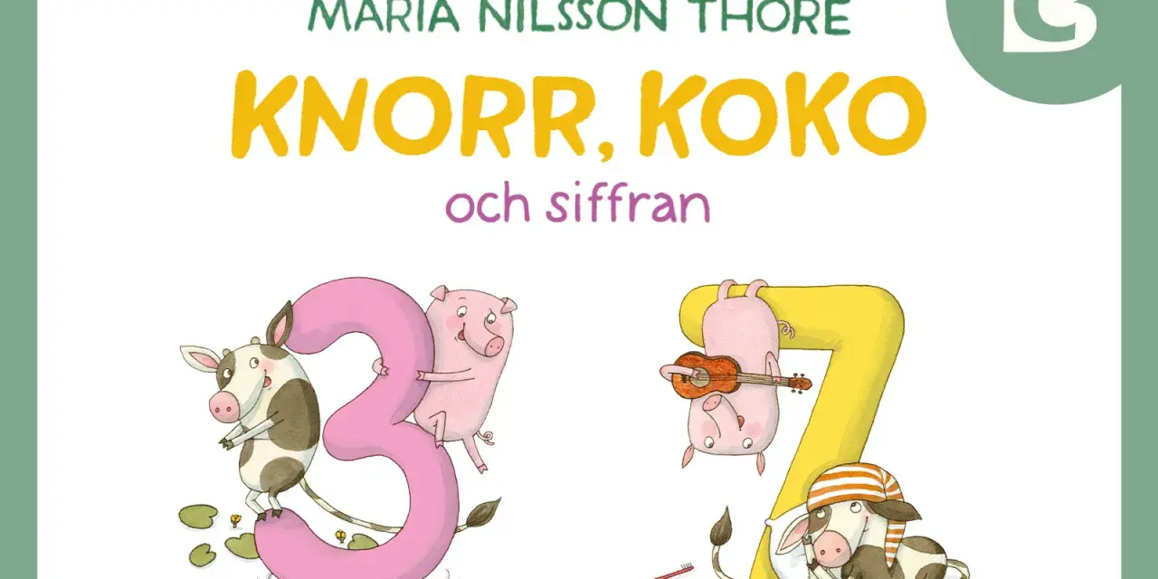 En bok med roliga dikter som rimmar, där kor och grisar leker med siffror.