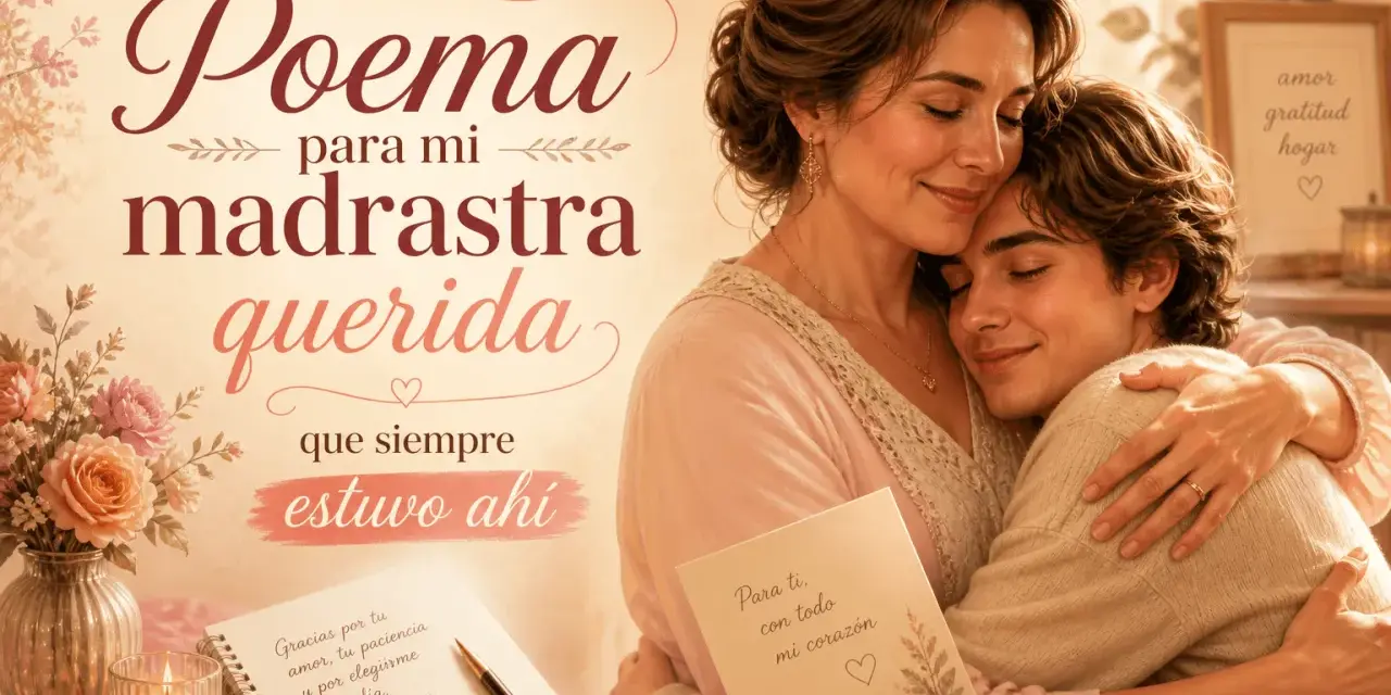 En varm kram mellan en kvinna och en ung man, med texten "Poema para mi madrastra querida" och "Para ti, con todo mi corazón". En hyllning till en älskad styvmor.
