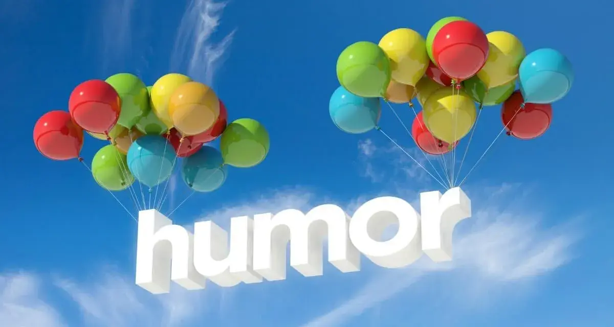 Färgglada ballonger lyfter ordet "humor" mot en blå himmel. En rolig dikt om våren skulle passa perfekt här!