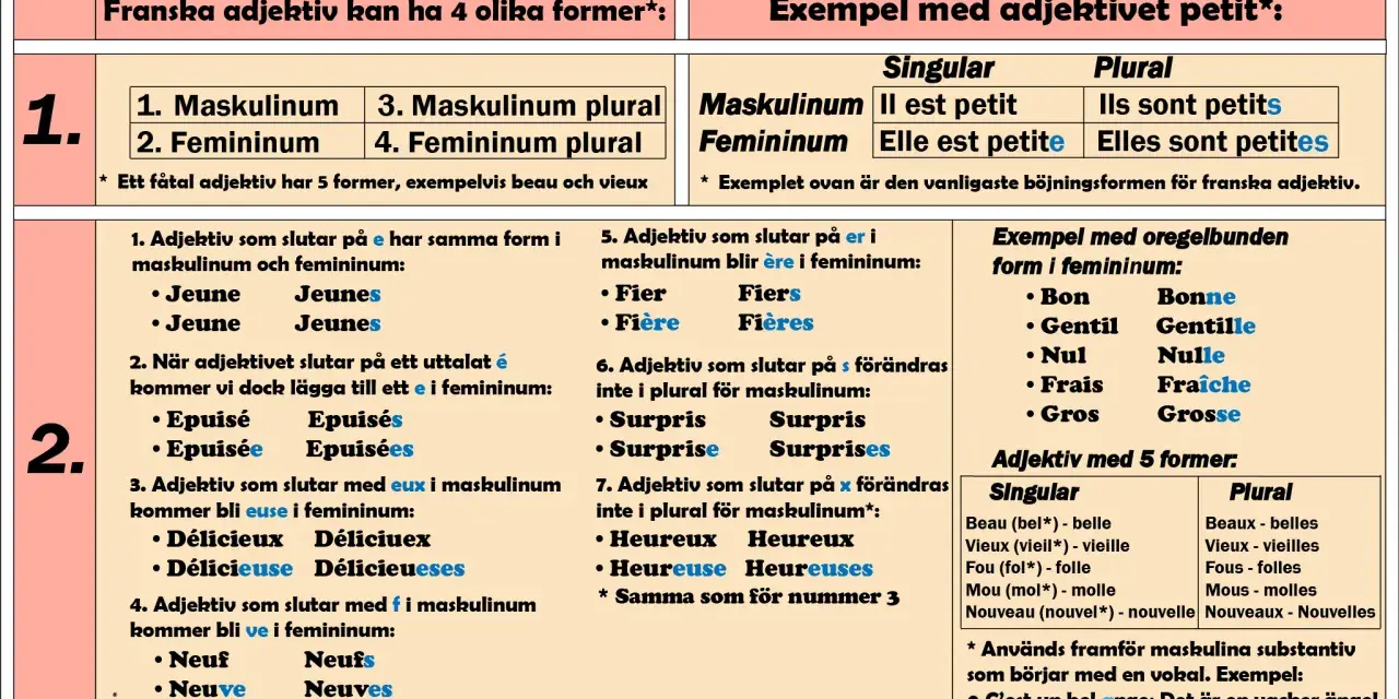 Franska adjektiv böjs. Exempel: "petit" blir "petite" i femininum.