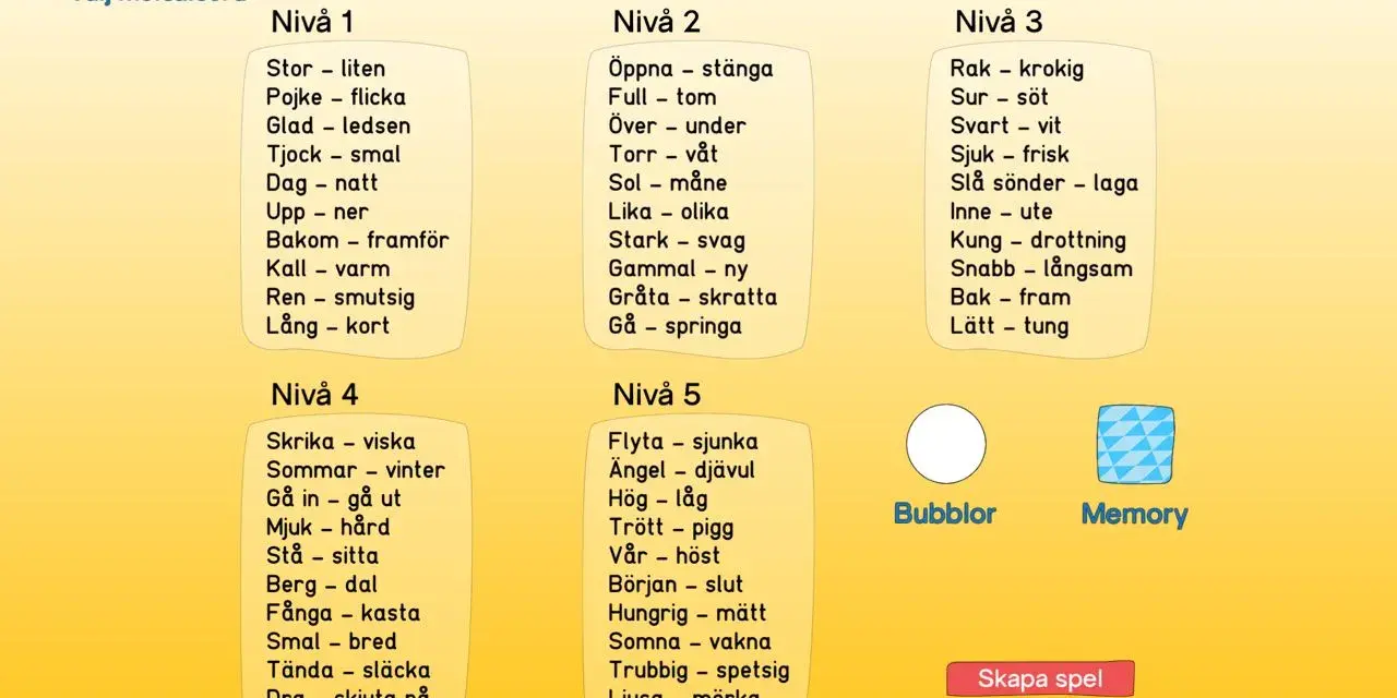 Spel med ord som är motsats till varandra, uppdelat i nivåer. Här finns ord som "stor - liten" och "sjuk - frisk".