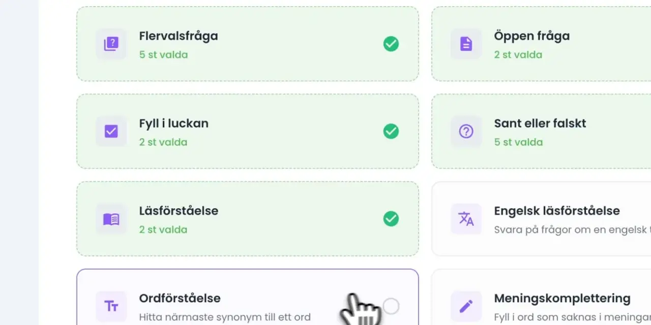 Kort med "Ordförståelse" som beskriver hur man hittar närmaste synonym till ett ord.