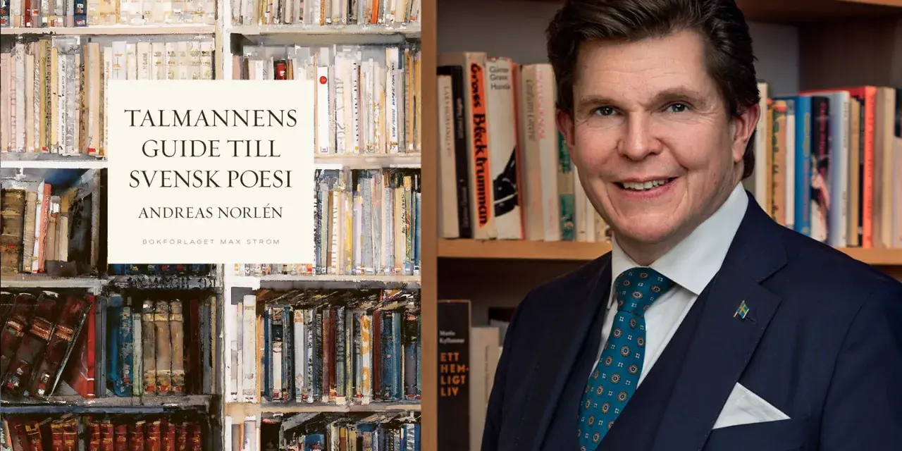 Andreas Norlén presenterar "Talmannens guide till svensk poesi" bland bokhyllor, en hyllning till fallande versfot.