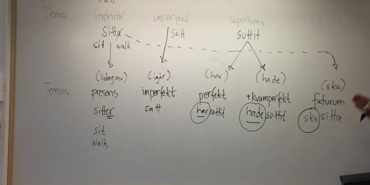 Whiteboard with Swedish verb conjugations and tenses written in English and Swedish.