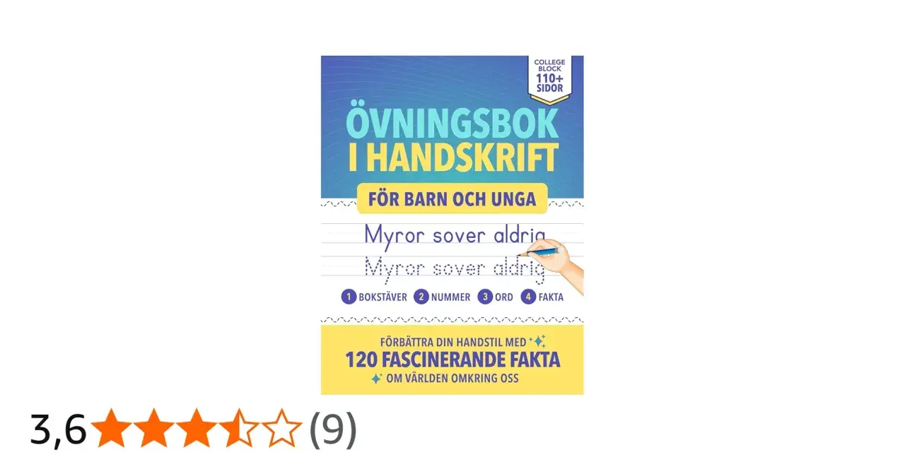 Övningsbok i handskrift för barn och unga. Öva på m skrivstil med texten "Myror sover aldrig". Innehåller bokstäver, nummer, ord och fakta.