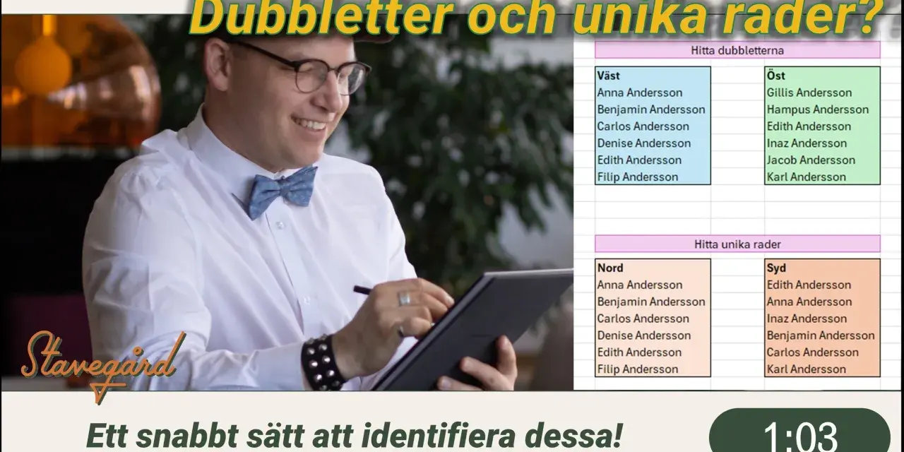 Man med glasögon och fluga letar dubbletter i en lista. En snabb metod för att identifiera dubbletter i stavning.