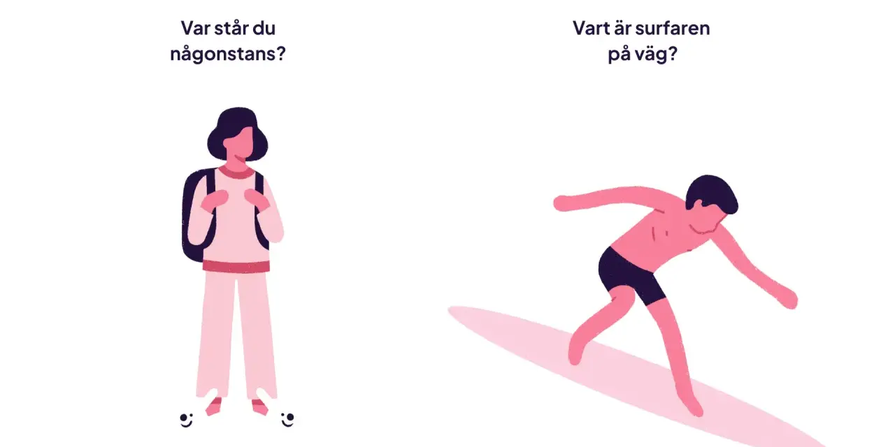 En person med ryggsäck står stilla, medan en surfare rör sig. Bilden illustrerar skillnaden mellan "var" och "vart", och undviker grammatiska fel.