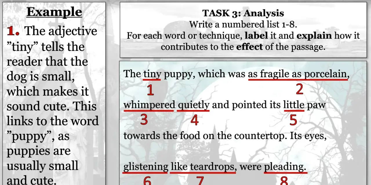 Bilden visar hur man skriver en analys av en text. Exempel och uppgifter för att öva på att analysera ord och tekniker.