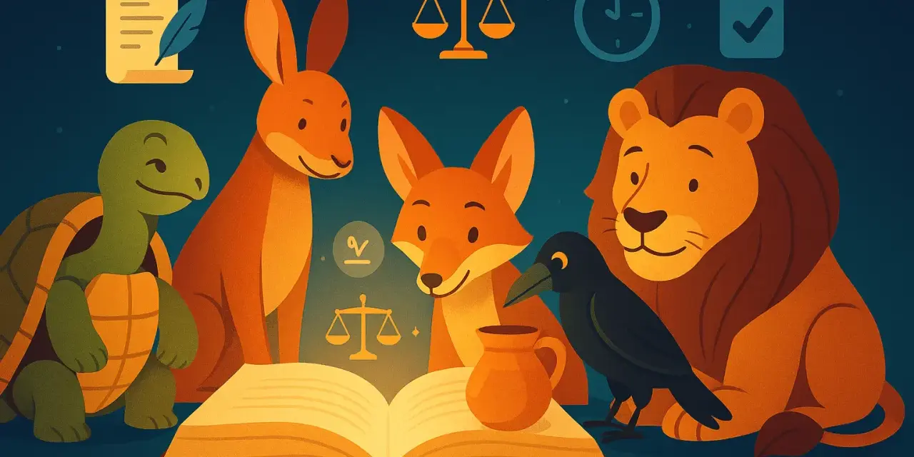 En sköldpadda, hare, räv, kråka och lejon samlas runt en öppen bok, redo att höra en fabel.