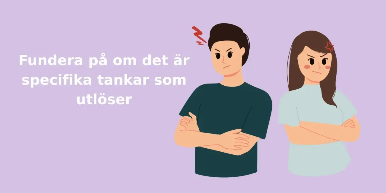 Två arga personer med armarna i kors. Texten uppmanar att fundera på tankar som utlöser ilska, ett synonym till vred.