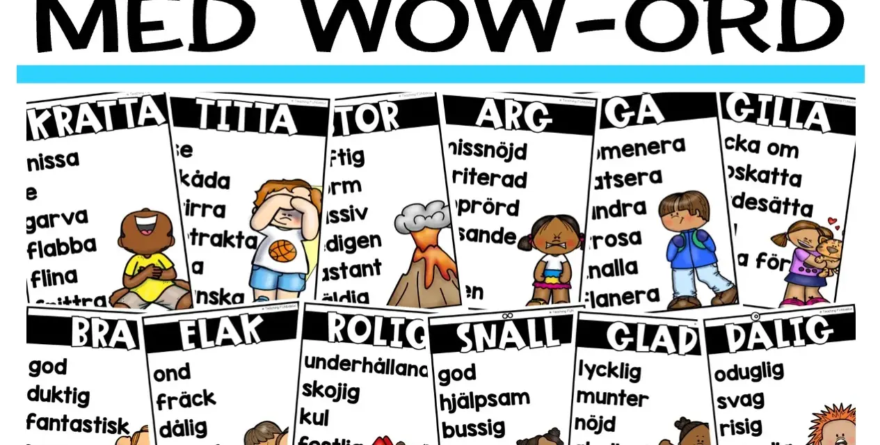 Ordlistor med illustrationer för att bygga ordförråd. Varje ord har en synonym, som "glad" och "lycklig".