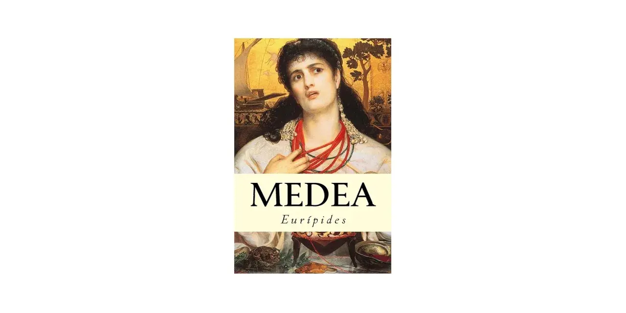 Medea, en tragisk gestalt från Euripides drama, avbildad med dramatiskt uttryck och röda halsband.