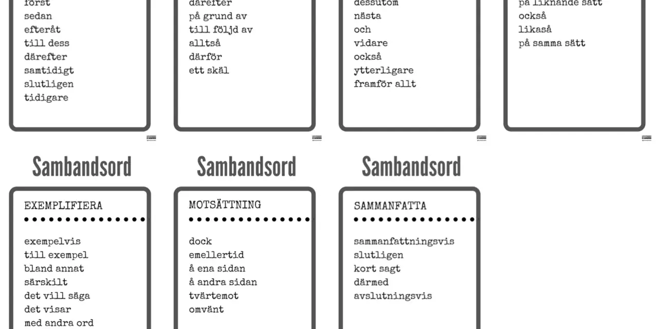 En referat mall med ord för tid, orsak, tillägg, jämförelse, exemplifiering, motsättning och sammanfattning.