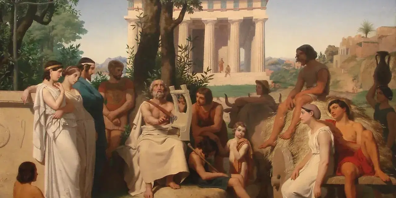 En scen från antiken litteraturhistoria: en man spelar lyra för en grupp människor framför ett tempel.