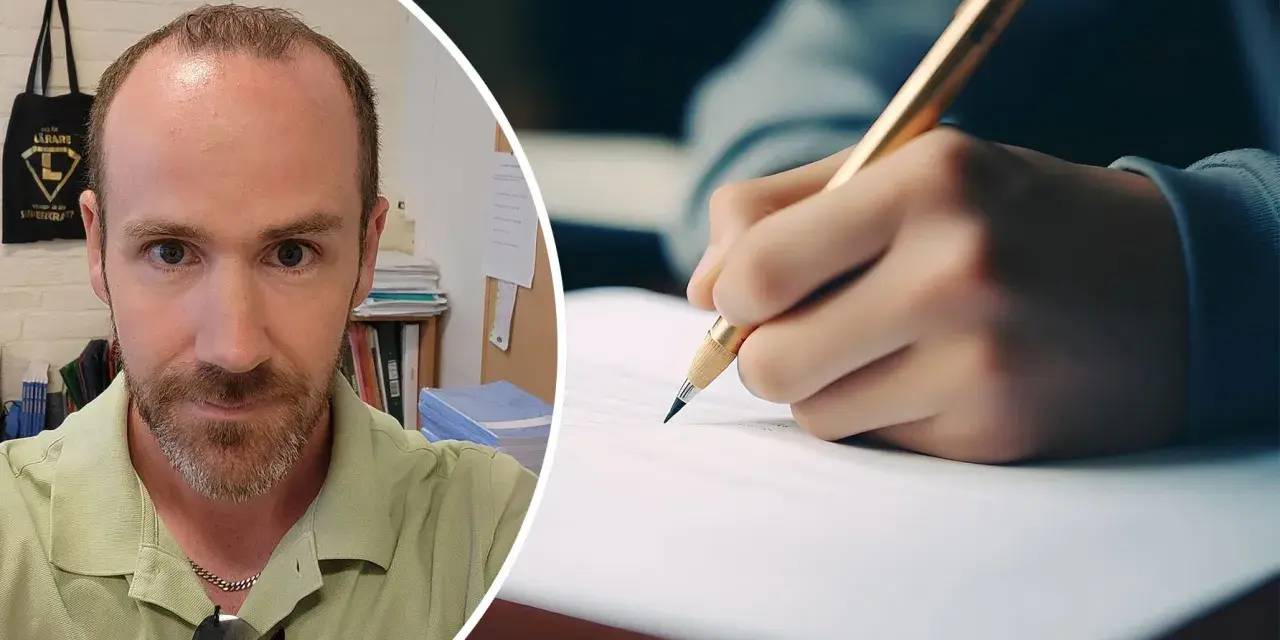 Man med skägg och en hand som skriver med penna. Kanske övar på 100 svårstavade ord.