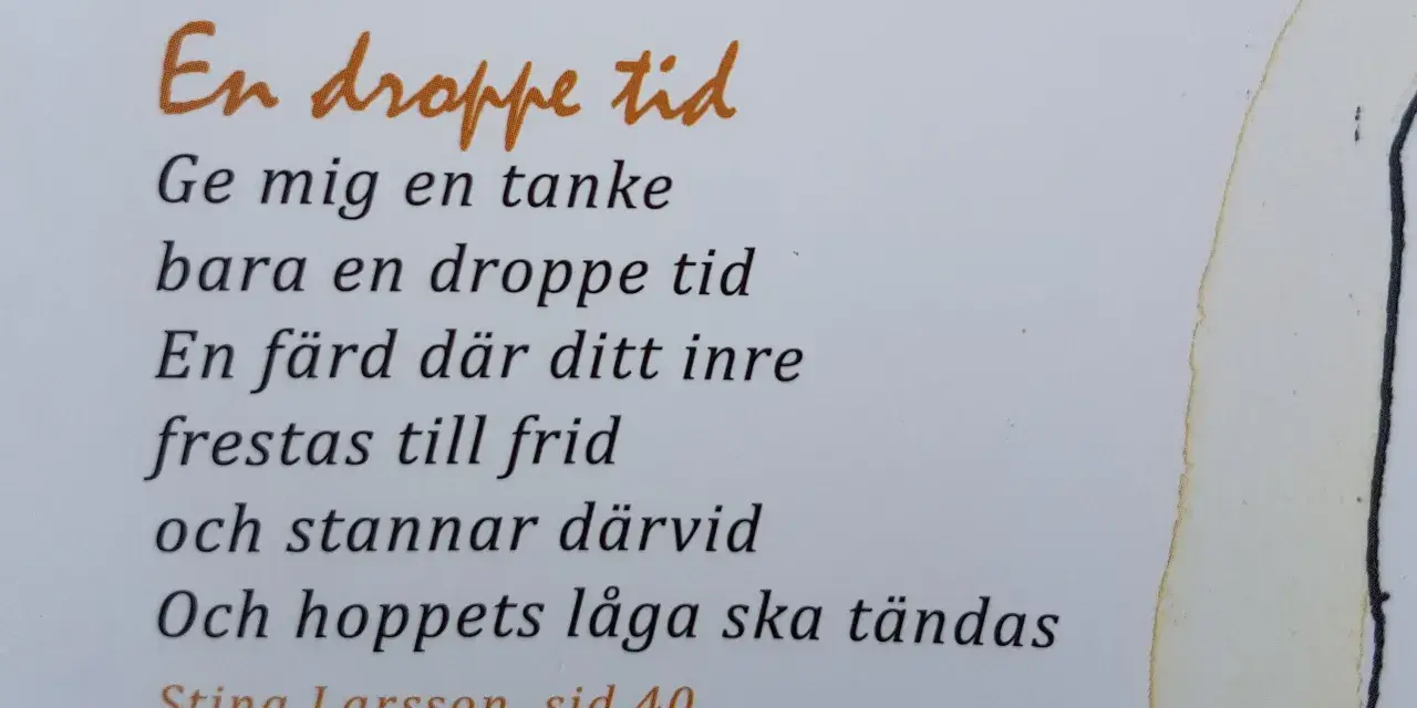 En dikt om en droppe tid, där tankar och inre frid möts. Hoppets låga tänds. Stina Larsson, sid 40.