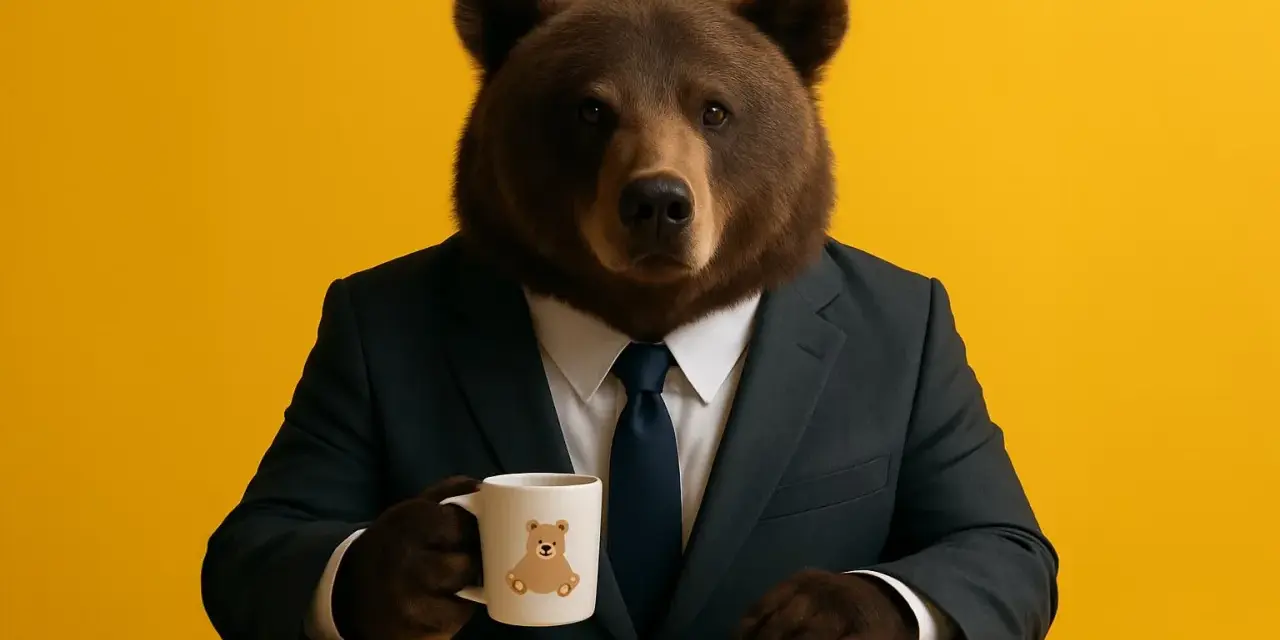 En björn i kostym sitter vid ett gult bord med en mugg och en anteckningsbok. Han funderar på hur lång ska en inledning vara.