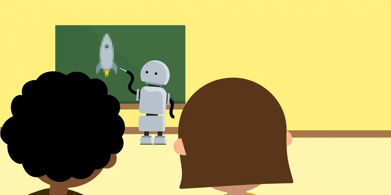 En robot lär barn om raketer på en griffeltavla. En sammanfattning av en lektion.