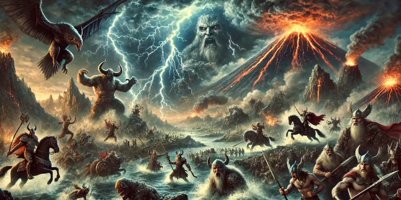 En episk strid utspelar sig under ett åskväder med en jätte och vulkaner. En rad i dikt om Ragnarök.