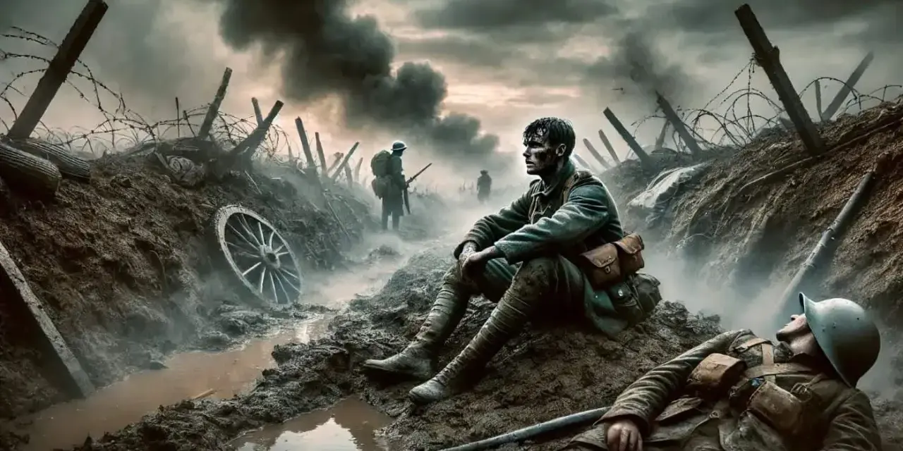 En soldat sitter i en lerig skyttegrav, en annan ligger orörlig. Scenen, med taggtråd och rök, fångar krigets brutala naturalismen litteratur.