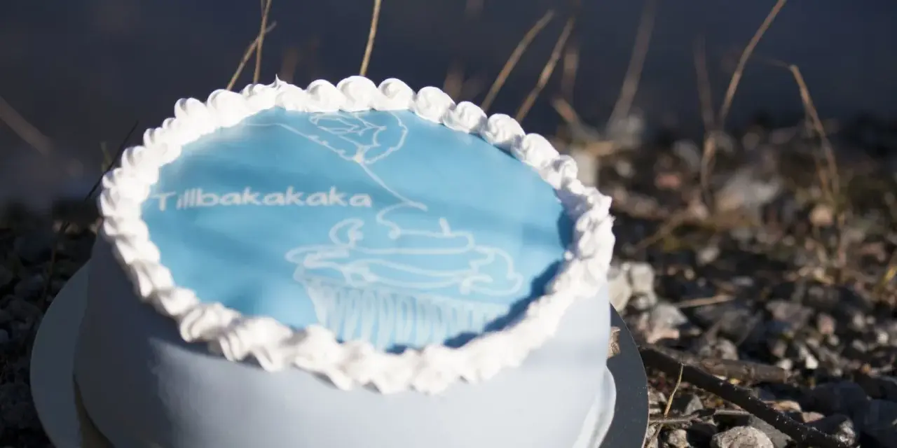 En ljusblå tårta med vitt kristyr och texten "Tillbakakaka". En perfekt synonym för att fira återkomsten med en god bit.
