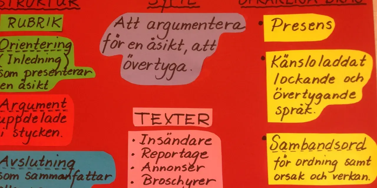 En mall för argumenterande text visar struktur, syfte och språkliga drag. Perfekt för att lära sig skriva en övertygande text.