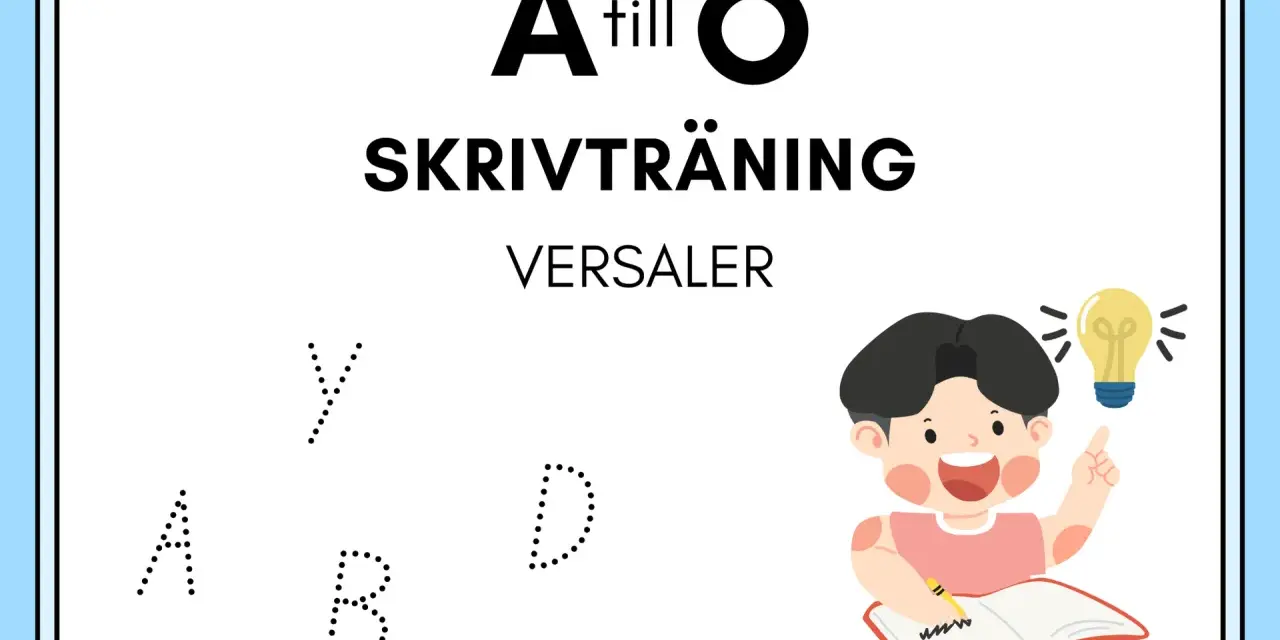 Skrivträning med versal bokstav A, B, D, Y. En glad pojke med en glödlampa över huvudet skriver i en bok.