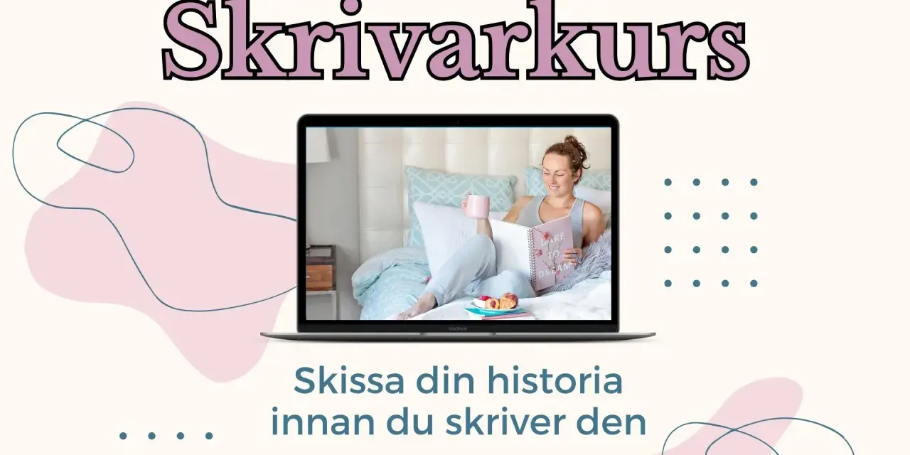 En kvinna läser en bok i sängen, inspirerad av hur man skriver en recension. "Skrivarkurs" står i text.