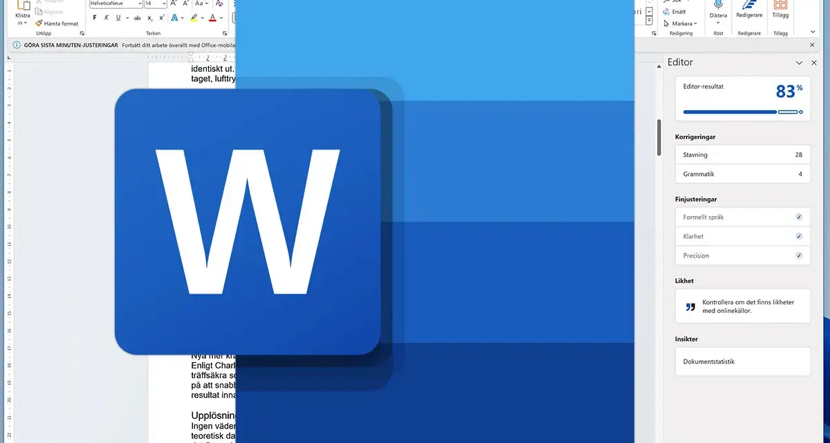 Microsoft Word-fönster med en stor blå "W"-ikon. Editor-panelen visar 83% resultat och förslag för stavning och grammatik, en talstreck-funktion.