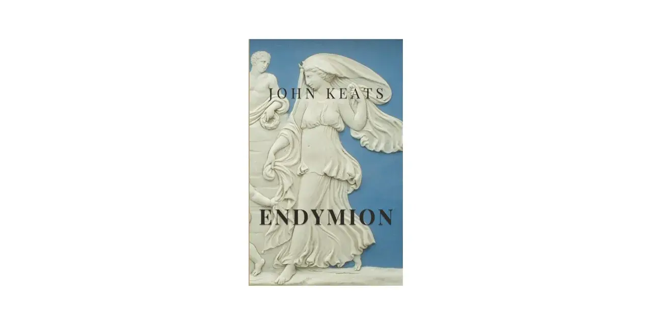 John Keats "Endymion" dikt. En klassisk relief i vitt mot blå bakgrund visar en kvinna i böljande kläder.