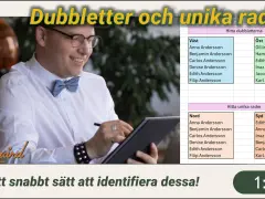 Man med glasögon och fluga letar dubbletter i en lista. En snabb metod för att identifiera dubbletter i stavning.