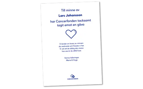 Minneskort till Lars Johansson. Cancerfonden tackar för gåva. En dikt avsked med hjärta och text om minnen.