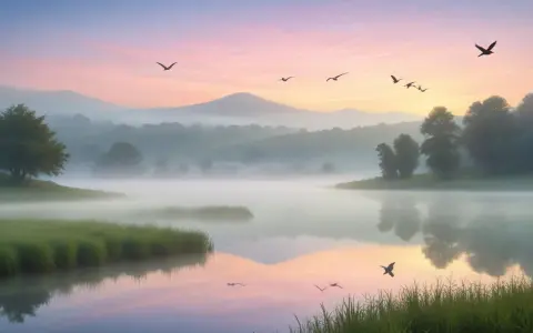 Fåglar flyger över en dimmig sjö i gryningen. Morgonens rosa och blå himmel speglas i vattnet.