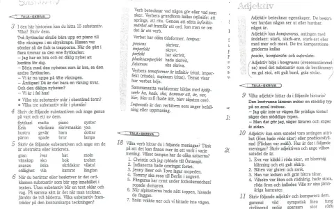 Svenska ordklasser: substantiv, verb och adjektiv förklaras. Exempel på hur de används i meningar ges.