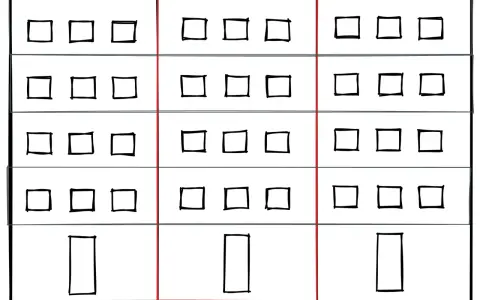 A diagram of a building with three vertical sections, each with four rows of square windows and one rectangular door.